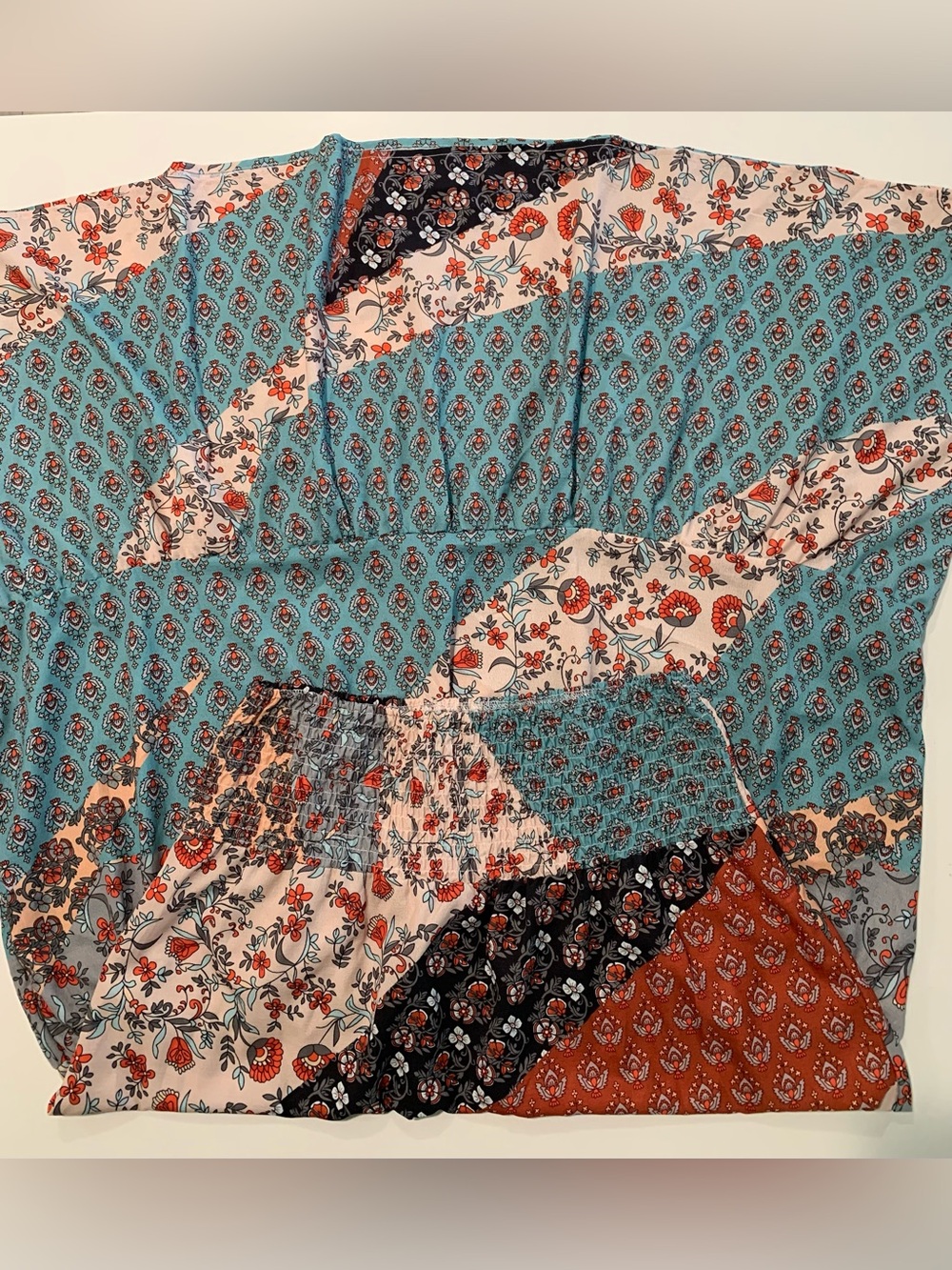 Boho Patchwork Smocked Waist Tiered Long Maxi Skirt, Teal Rust Cottagecore, L - Picture 5 of 10